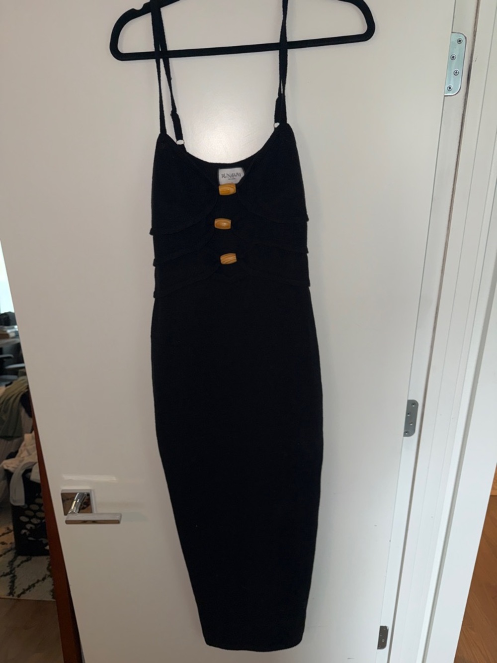 Black Fitted Midi Dress with Decorative Buttons by Runway